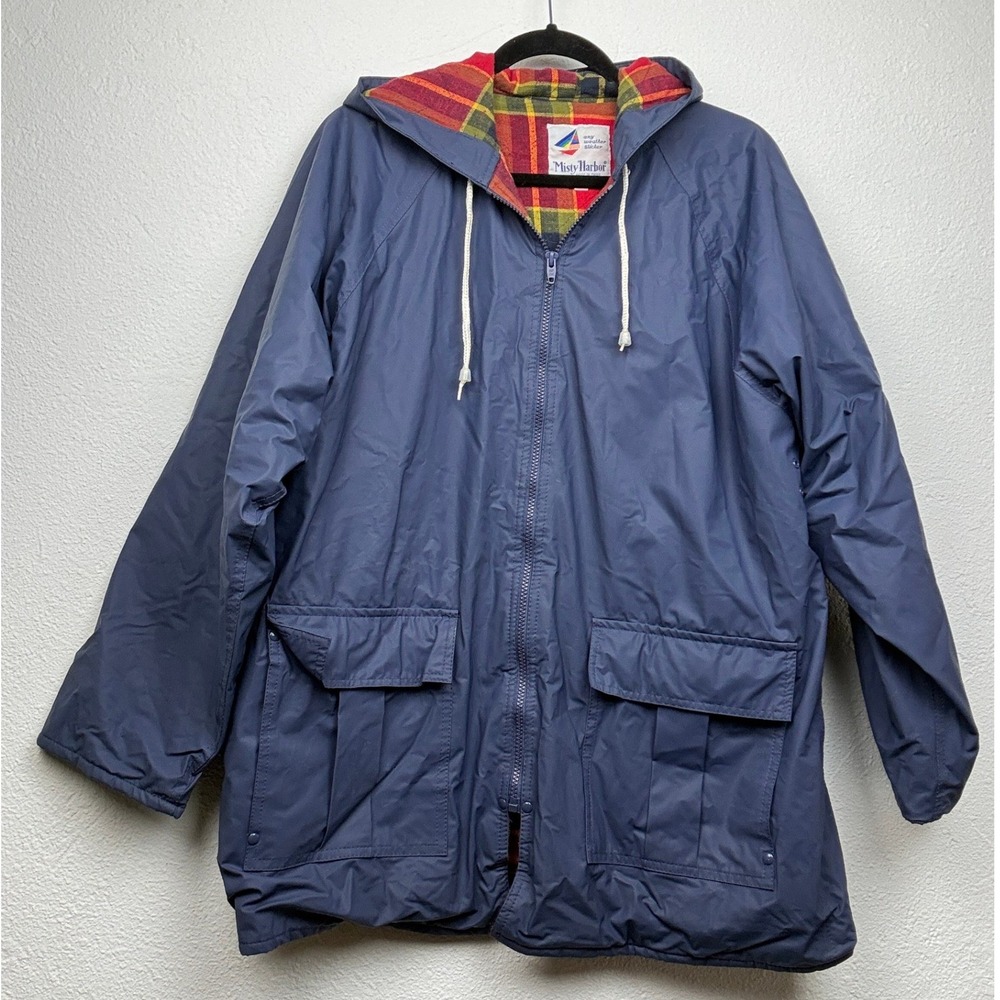 Misty Harbor Navy Blue Raincoat - L - Plaid Lined Hooded Cargo Pocket Raincore